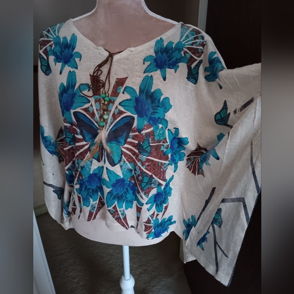 Unbranded~Blue & Brown Floral Butterfly Top Bat Wing Sleeves Feather Beaded Tie - Picture 14 of 15